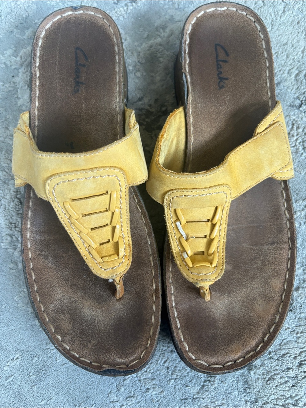 Clarks Yellow Suede Thong Sandals with Braided Detail